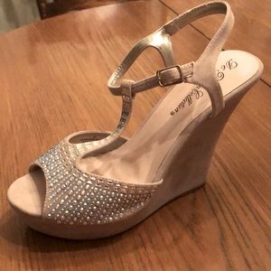 Nude faux suede platforms with iridescent rhinestones